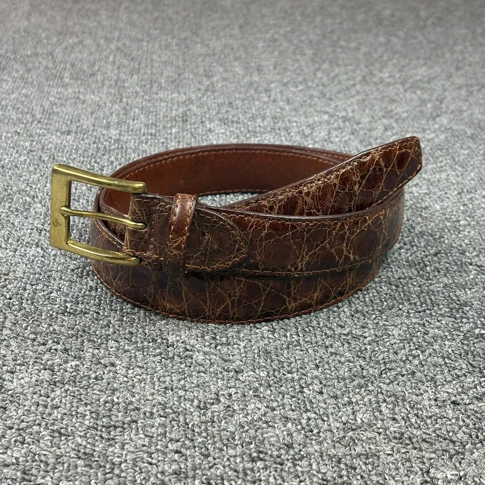Zelli Genuine Crocodile Belt Mens 42 Brown Exotic Leather Solid Brass Buckle USA